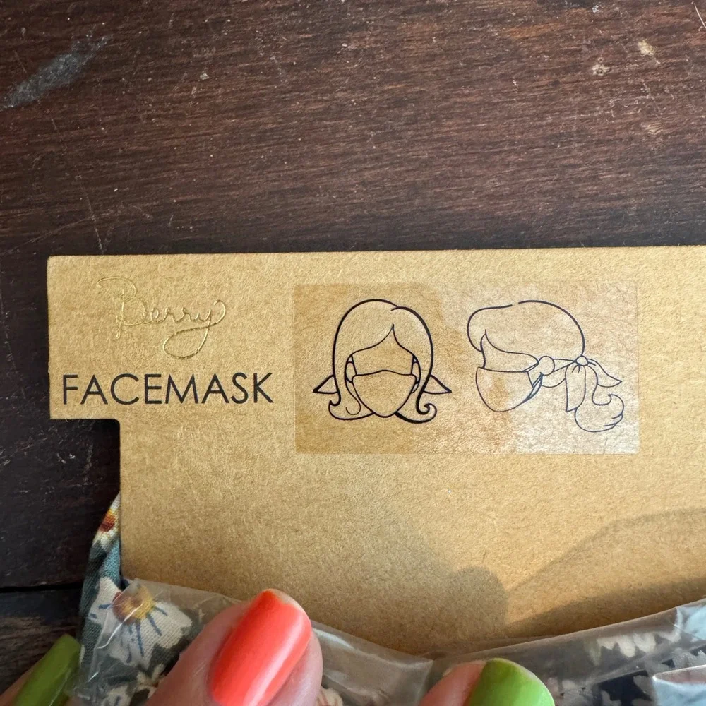 Berry Pastel Blue Tan Plaid & Floral Preppy Face Mask Ties in back‎